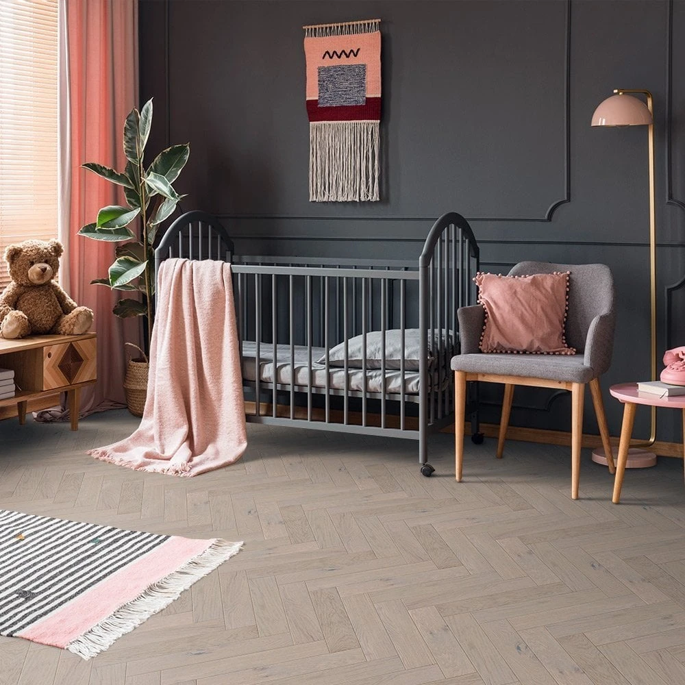 Liberty Floors Pebble Grey Oak - Herringbone Parquet 14mm Engineered Real Wood Flooring (219386) 3 Liberty Floors Pebble Grey Oak - Herringbone Parquet 14mm Engineered Real Wood Flooring (219386) - Image 3